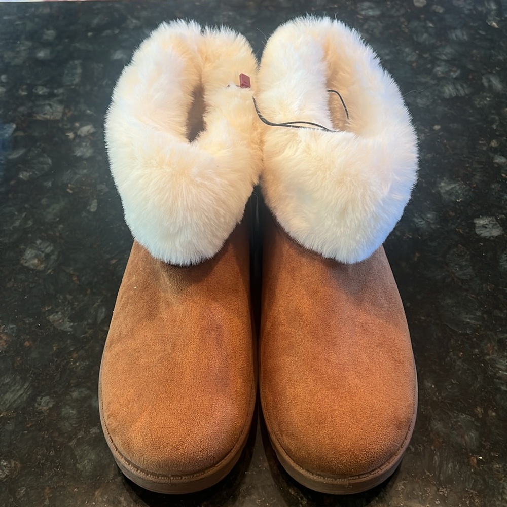 Tan Suede Boots with White Fur Trim - Picture 8 of 8